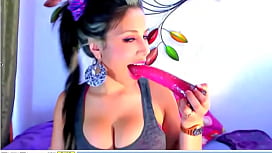 Big tits latina sucking dildo