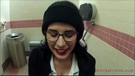 Amateur brunette public bathroom blowjob facial