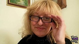 Chubby mature blonde with glasses fucks