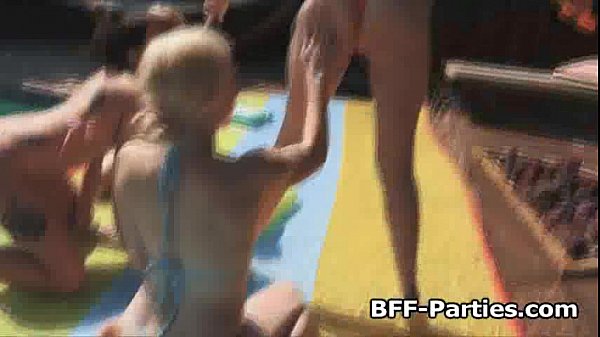 Fucking bikini babes by the pool scene